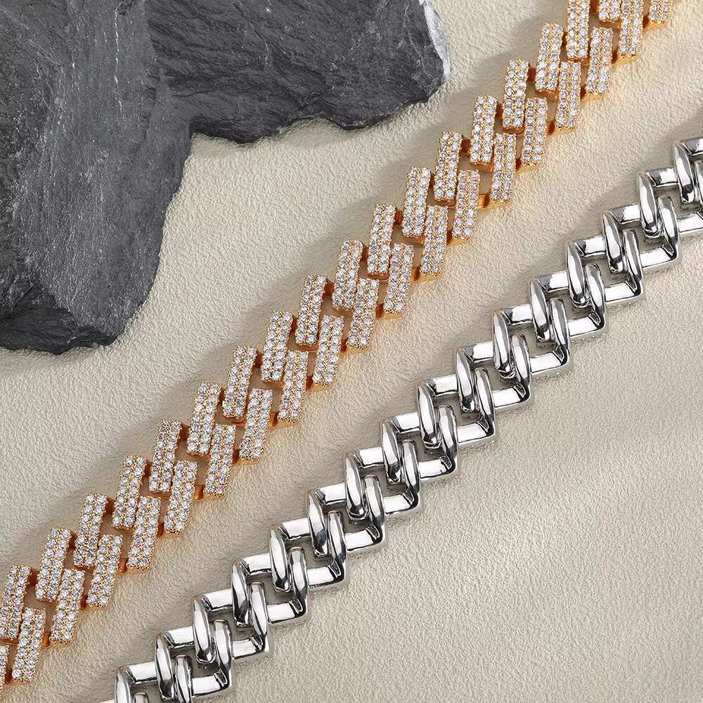 European American Fashion 18mm Copper Gold-Plated Zircon Miami Cuban Chain Necklace 2 Rows Link Number Shape Alloy Moissanite