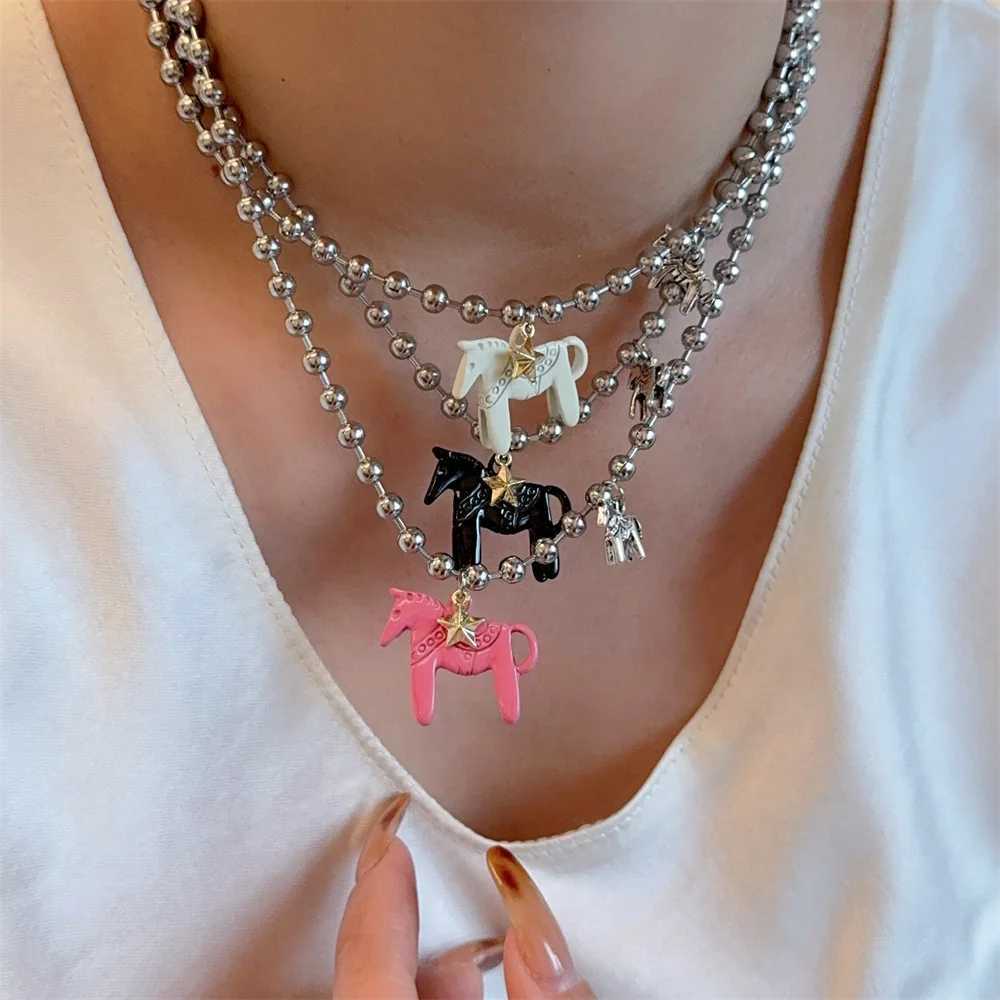 LATS White Black Green Blue Pink Color Enamel Colt Horse Pendant Necklaces for Women Silver Plated Alloy Beads Chain Chokers V250625