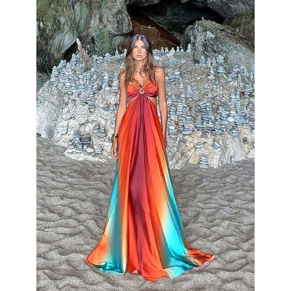 Sexy Hollow Out Maxi Vestido Women Chic Sleeveless Off Shoulder Backless High Waist Slim Dress Summer Beach Party Lady Wear 2025