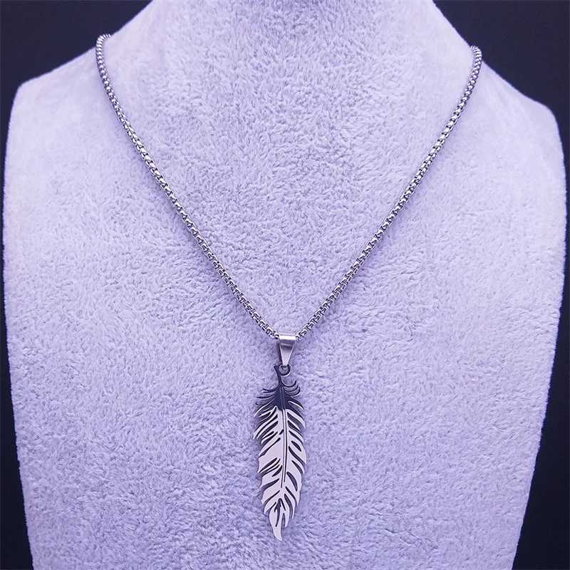 Boho Feather Pendant Male Necklace for Women Men StainlESS Steel Silver Color Chain Jewelry Gift collar hombre N3393S01 V250625