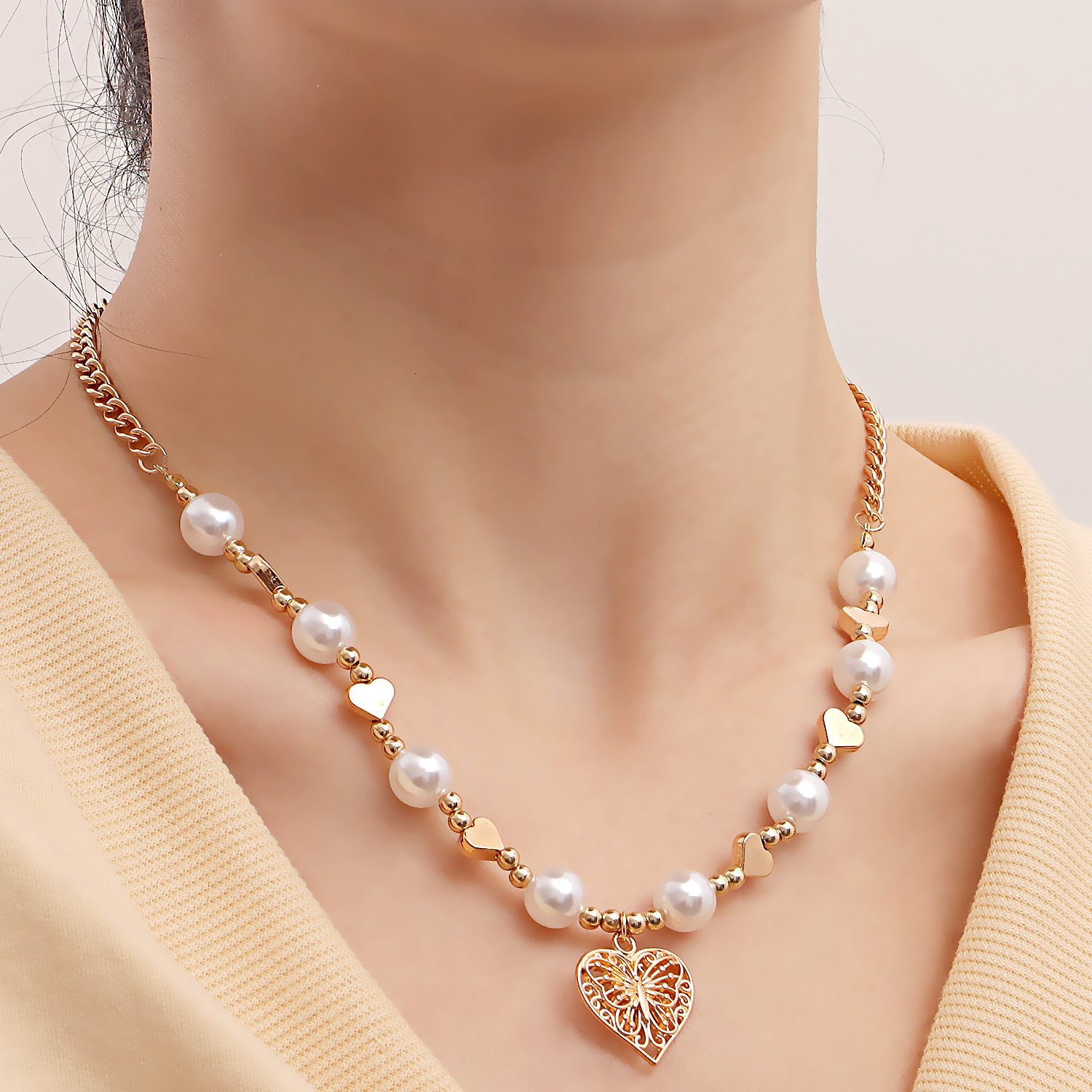 Faux Pearl Collarbone Chain Splicing Personality Hot Girl Simple Geometric Heart Trendy Metal Necklace Jewelry for Women