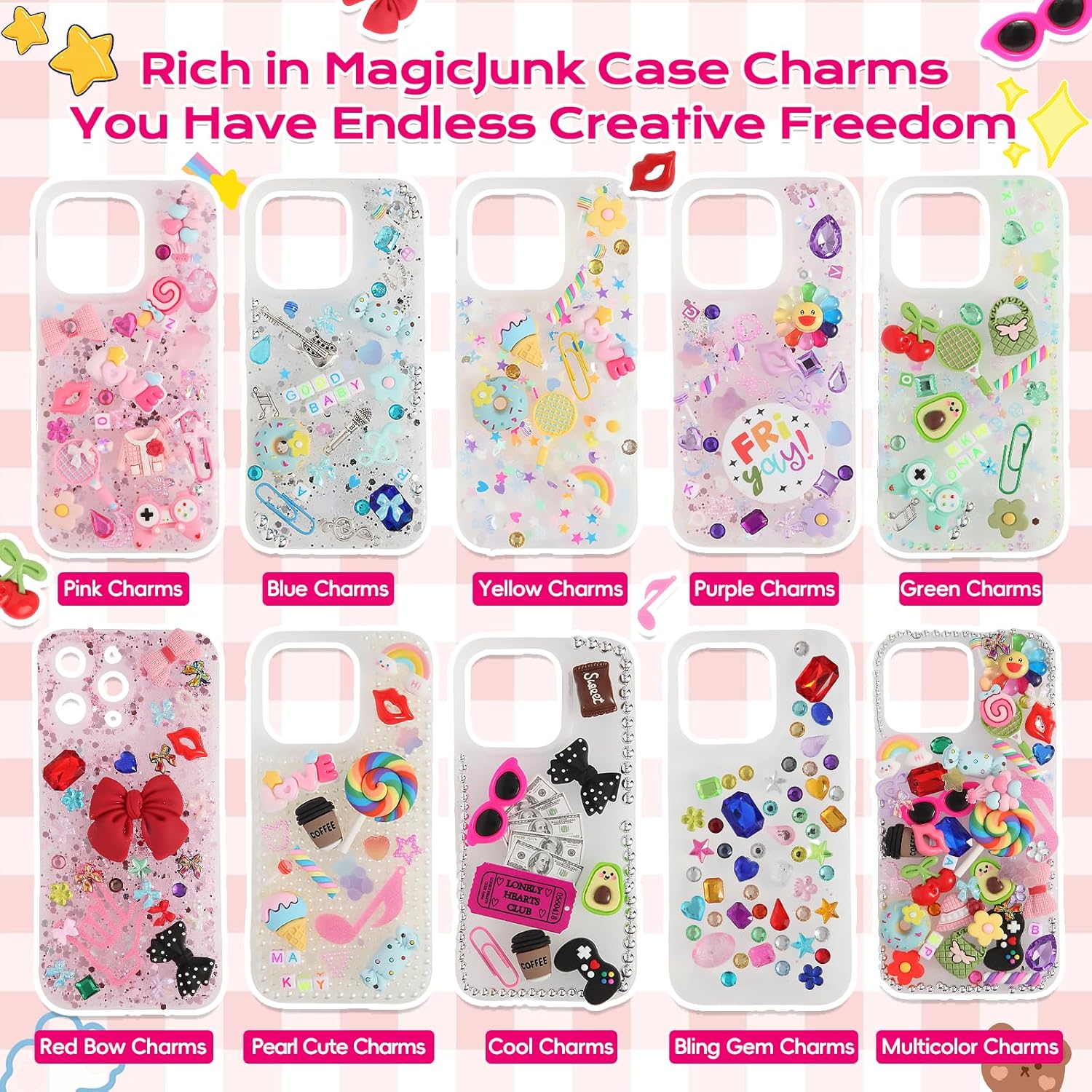 2250pcsDIY bulk resin charm nail art decoration sparkling accessory kit, including star shape, candied fruit design, bow, etc.