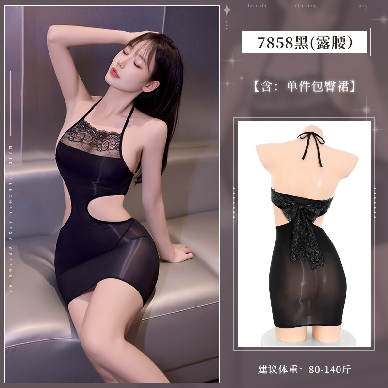 Feimu Lingerie Hollow Waist Sexy Lace Bellyband Glossy Bodycon Dress Thin Temptation Strap Horse Oil Stockings