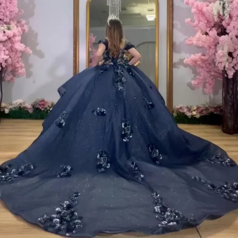Navy Blue Shiny Quinceanera Dresses Applique Flower Beads Tull Ruffles Corset Sweet 16 Birthday Dress Vestidos De XV Anos