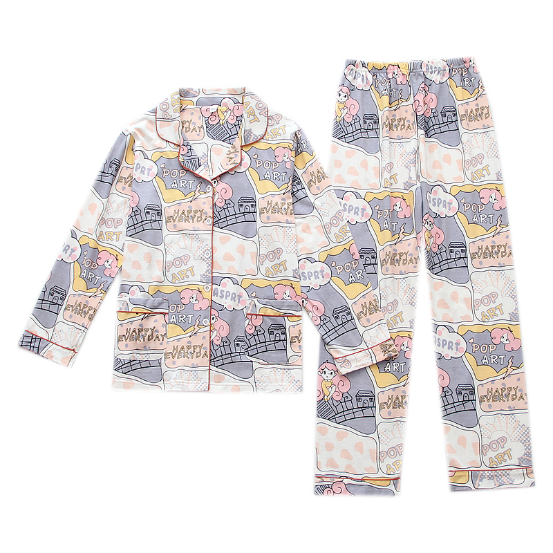 Spring and Autumn Long sleeved Pajamas, Women's Knitted Cotton Cartoon Thin, Loose and Casual Two piece Set, Cardigan, Women's Home Clothing