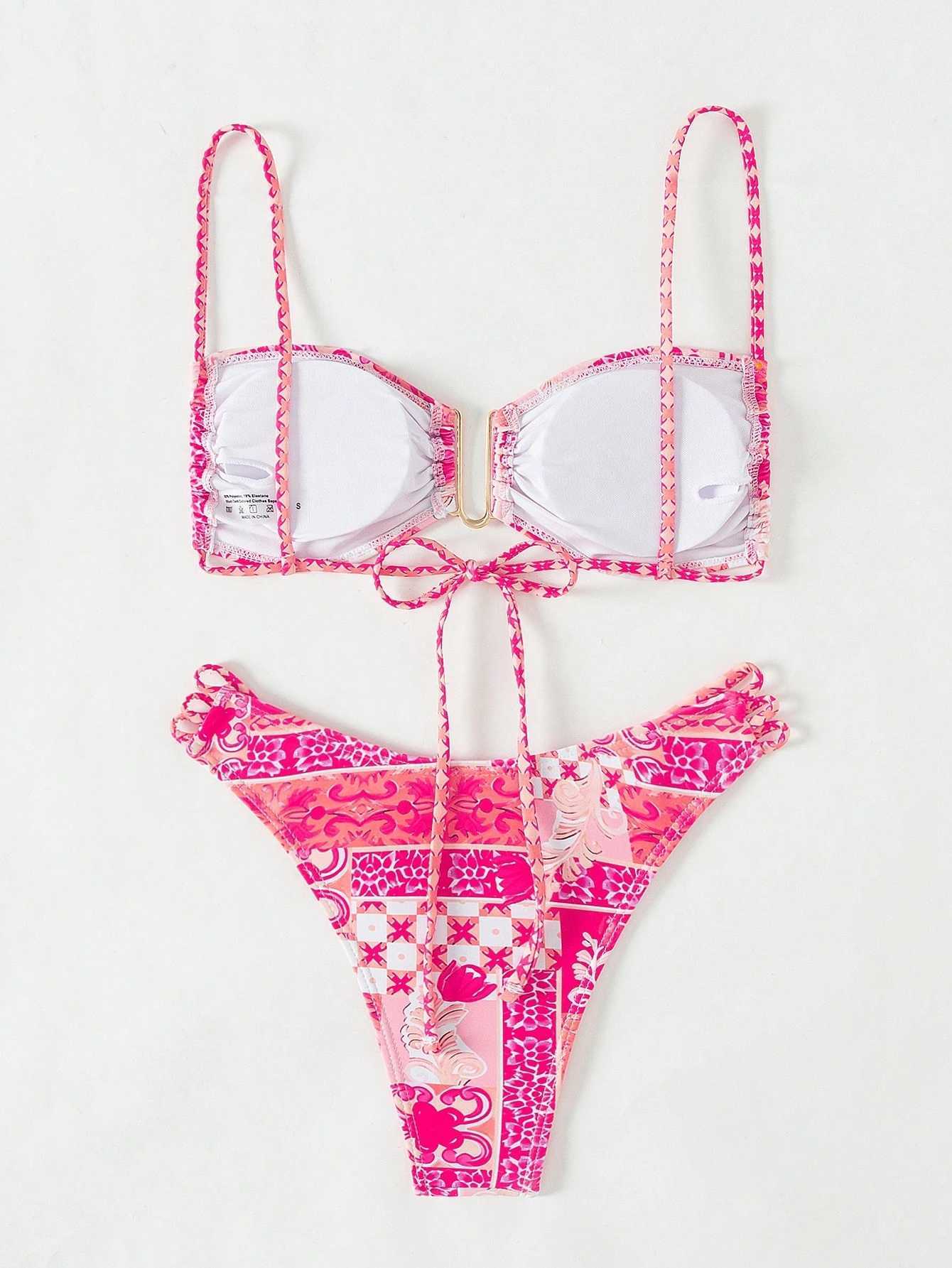 European and American ladies bikini pink print sweet senior adult high waist slim triangle swimsuit XJ250624