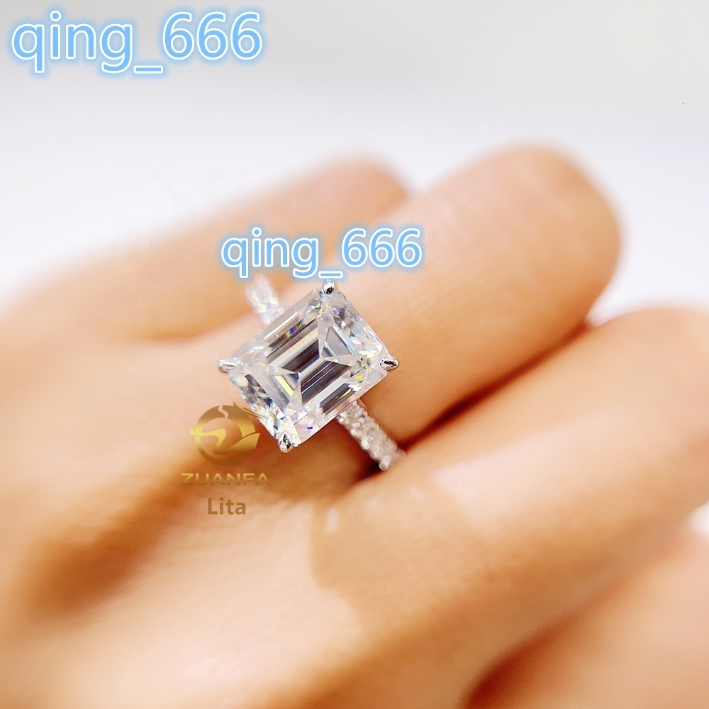 Wholesale Price Prong Setting Iced Out 5ct Emerald Cut Moissanite Sterling Silver Engagement Rings