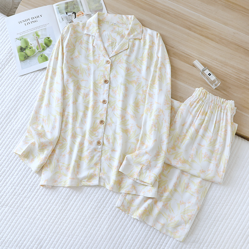 In stock women's spring and summer new items, cotton satin pajamas, elegant forest print, long sleeved straight leg pants, home wear