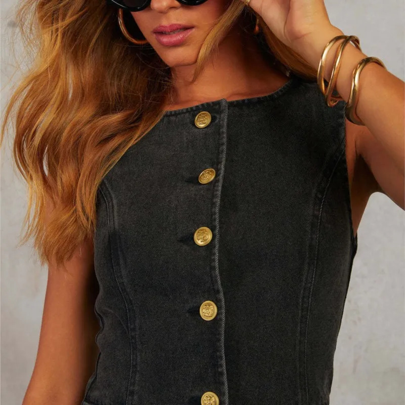 2025 woman pant sets Elegant 2piece for women Solid Color Denim suit sleeveless Set Wide Leg Pants suits 250616