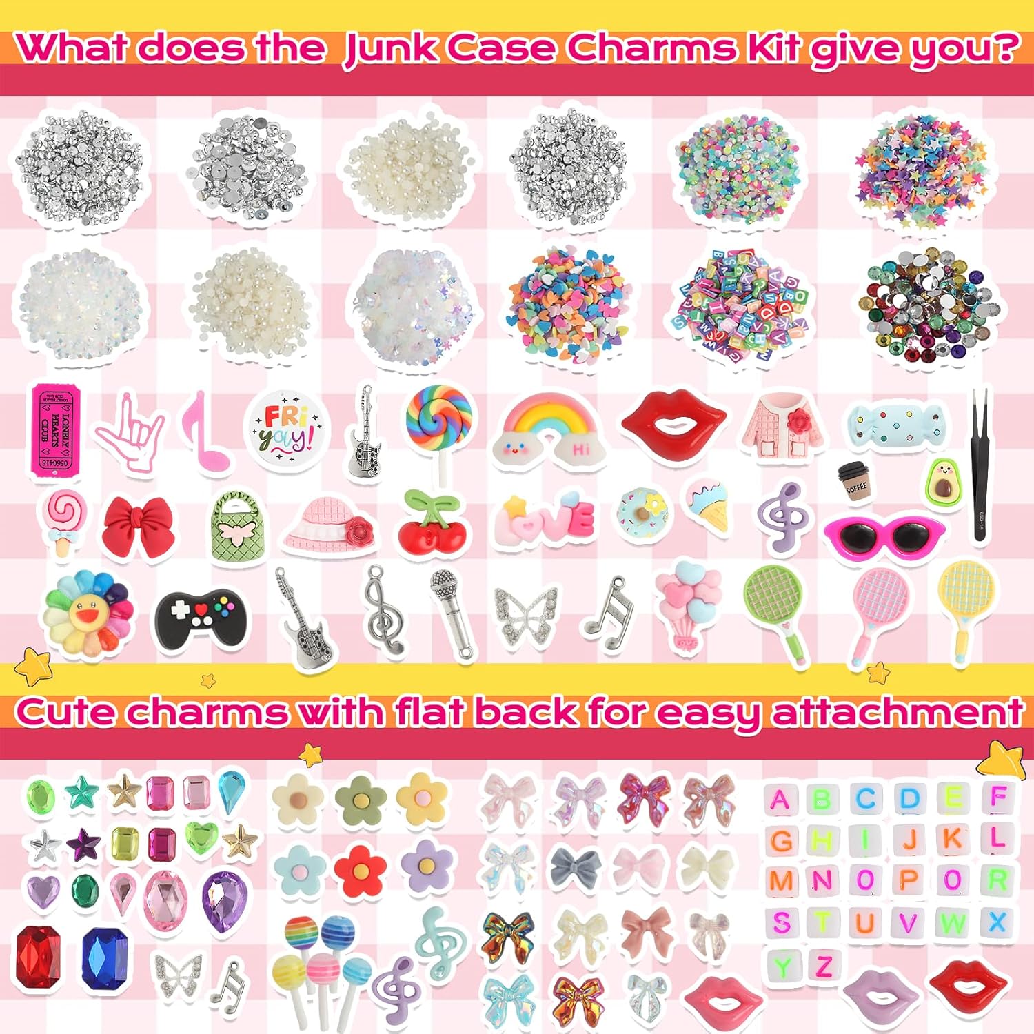 2250pcsDIY bulk resin charm nail art decoration sparkling accessory kit, including star shape, candied fruit design, bow, etc.