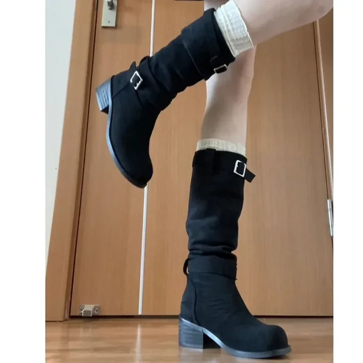 Women Vintage Pile Western Cowboy Boots Spring Autumn Long Boots Women Round Toe Slip on Knee High Casual Platform Botas Mujer 250623