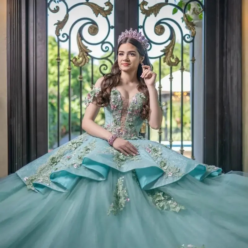 Mint Green Shiny Off The Shoulder Quinceanera Dresses Appliques Lace Beads Tull Birthday Party Princess Ball Gown Sweet 16 Dress Vestido De 15 Anos