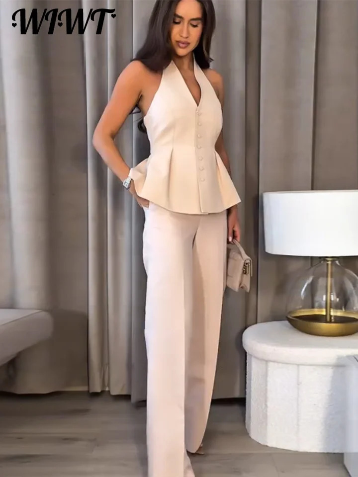 Elegant Halter Ruched Vest Trousers Suit Womens Solid Vneck Backless Singlebreasted Top Wide Leg Pants 2025 Lady Outfits 250616