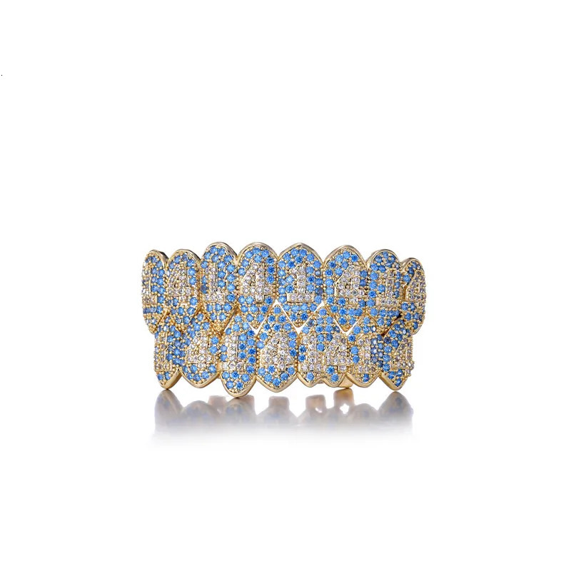 Hip Hop Full CZ Blue Stones Teeth Caps Cubic Zircon Iced Out Micro Pave Top Bottom Charm Grills Set For Men Women Jewelry 250606