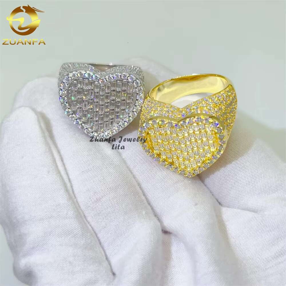High Quality Iced Out Hip Hop baguette Heart Rings 925 Silver Gold Men Moissanite Diamond Ring