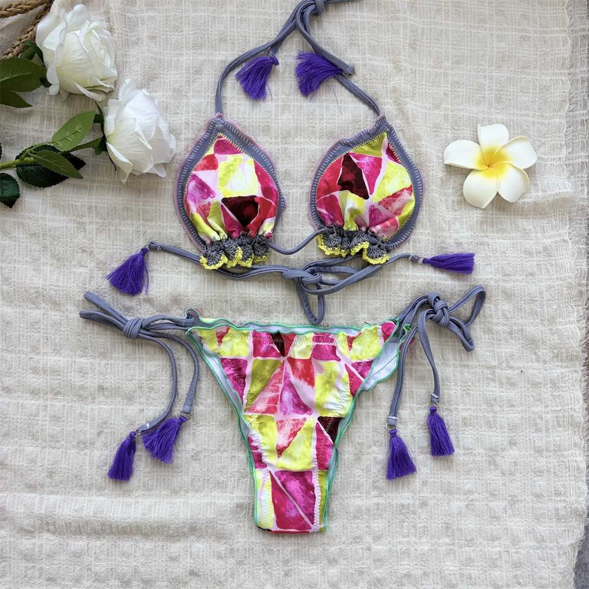 2025 Bandeau Bikini Women Sexy Bikini Push Up Swimsuit Female Swimwear Floral Printed Swim Suit Halter Bathing Suit Beachwear XJ250624