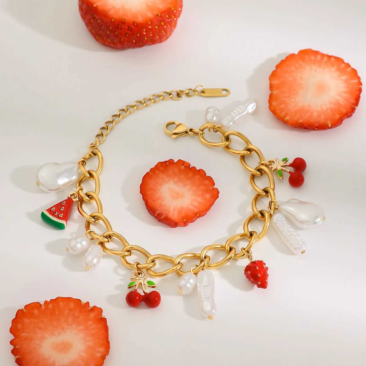 Uworld 18K Gold Color Plated Stainless Steel Shaped Acrylic Pearl and Fruit Pendant Bracelet Stackable Watermelon Bracelet X250625