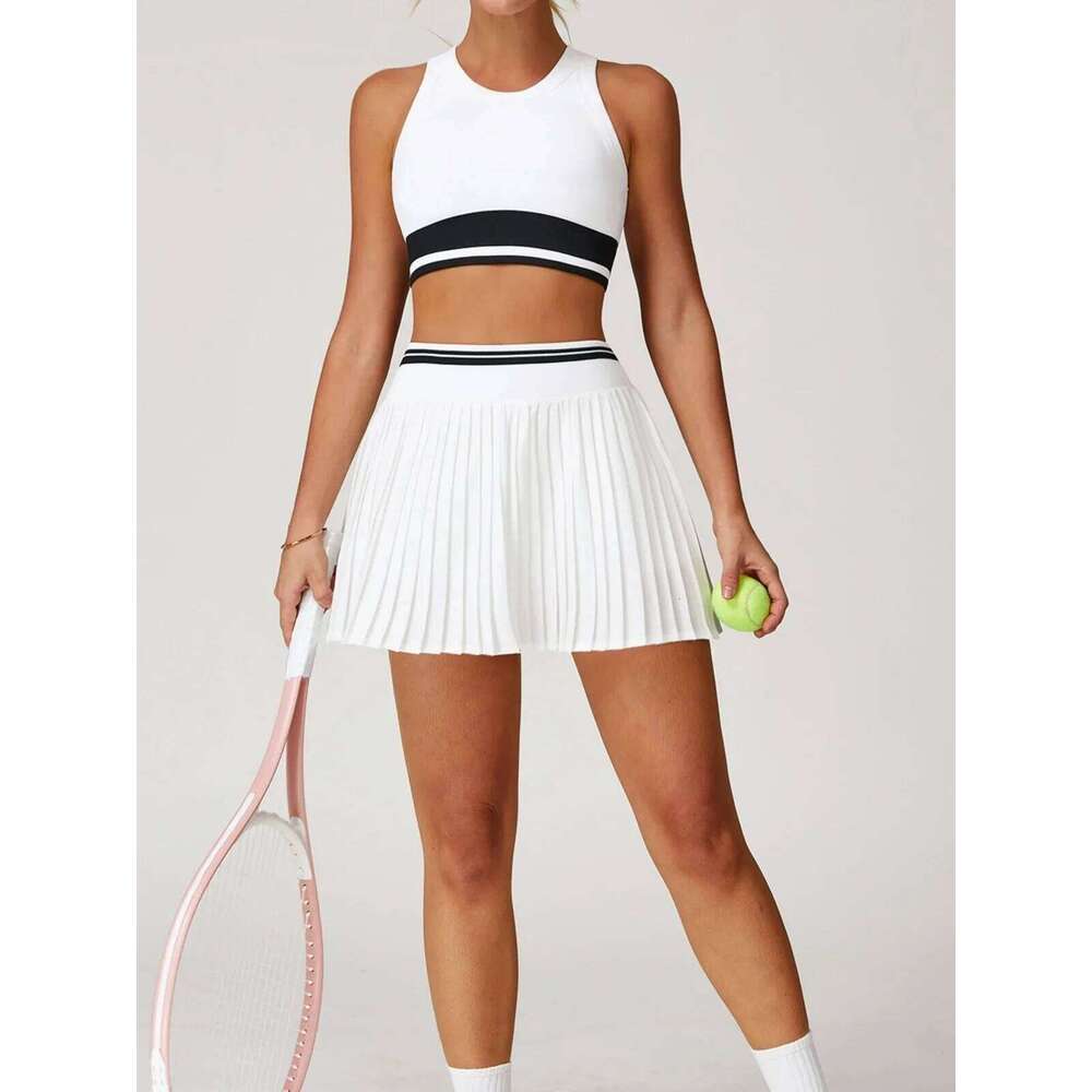 Yoga Skorts Set Women Contrast Color Sports Bra High Waist Pleate Skirt Fiess Suit Outdoor Running Athletic Gym Wear Tracksuit