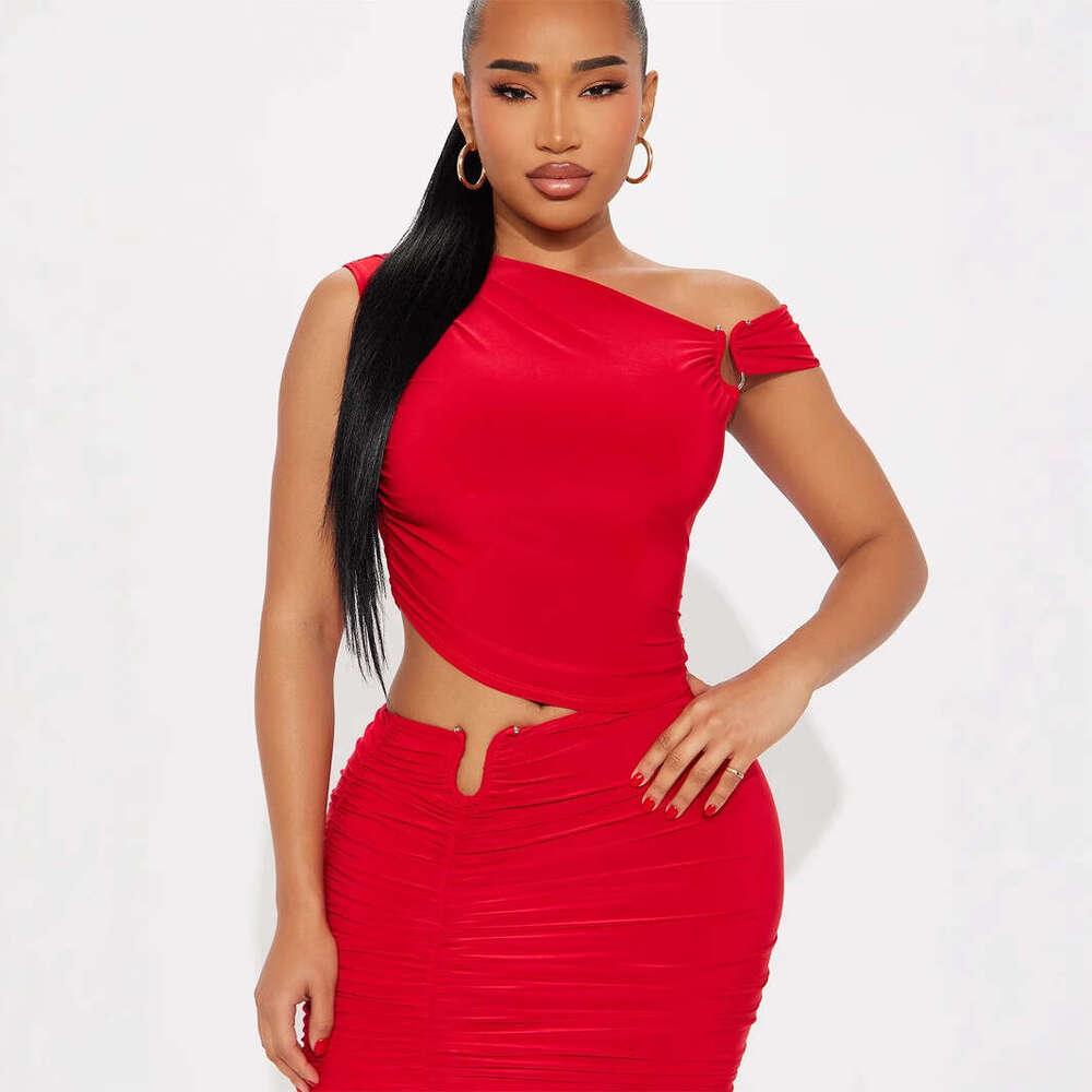 Summer New Women's Fashion Personality Sexy Hot Girl Slim Fit Asymmetric Shoulder Top Bodycon Short Skirt Set B5