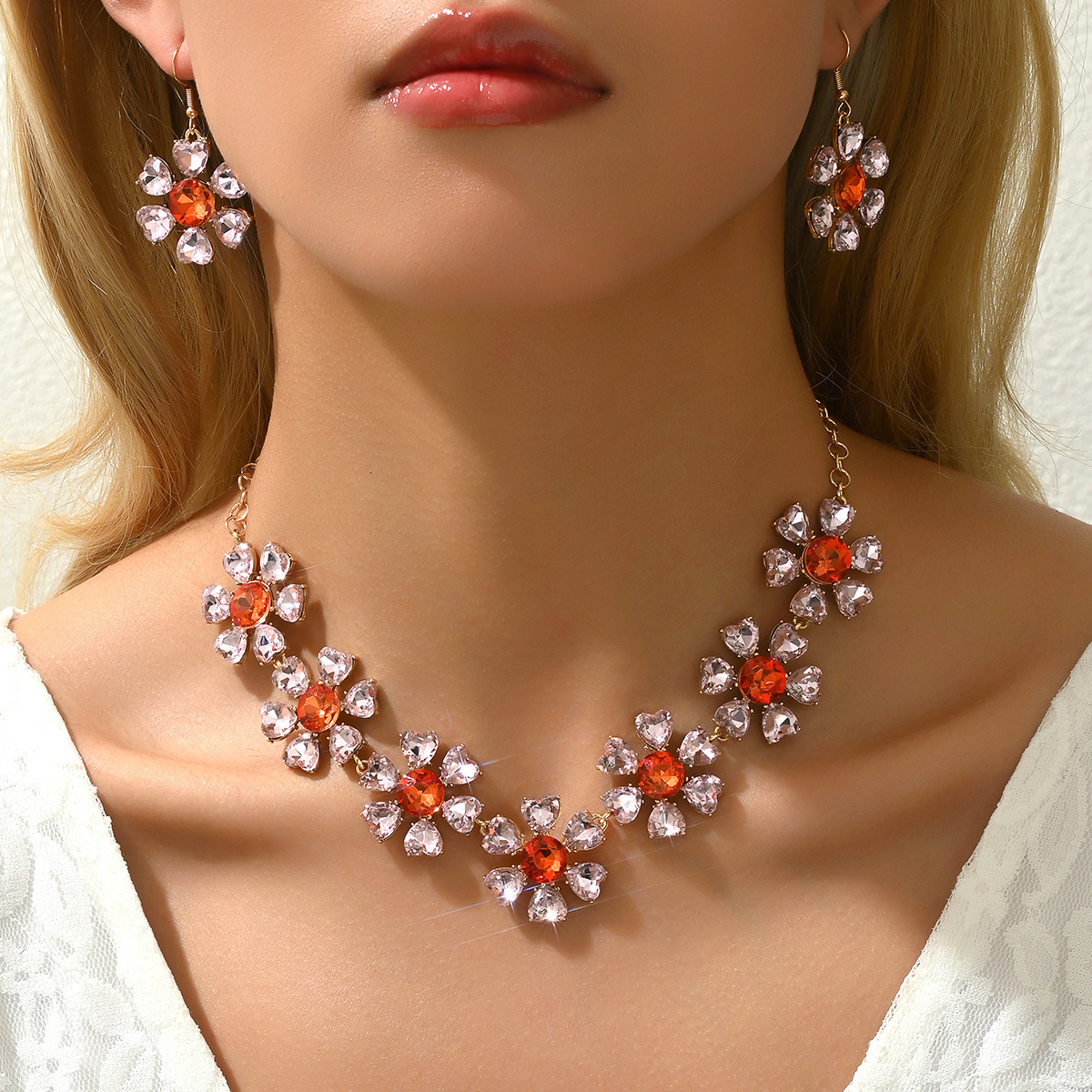 Fashion Necklace Simple Inlaid Zircon Heart Clavicle Chain Style Elegant Earrings Jewelry