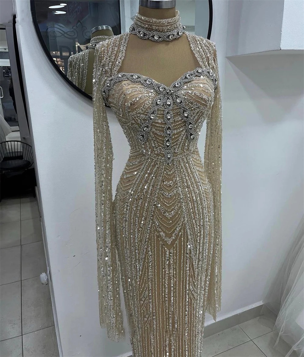 Fashion Wedding Dresses Sequins Crystal Bridal Gowns Mermaid Long Sleeves High Neck Slim Customized Bride Vestidos De Novia Plus Size