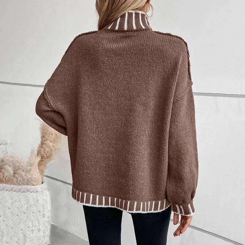 Pop 2025 Women's Autumn Winter Pullovers Tops Female Striped Pullover High Neck Sweater Lady Casual Long Sleeve Knitwears For Wo