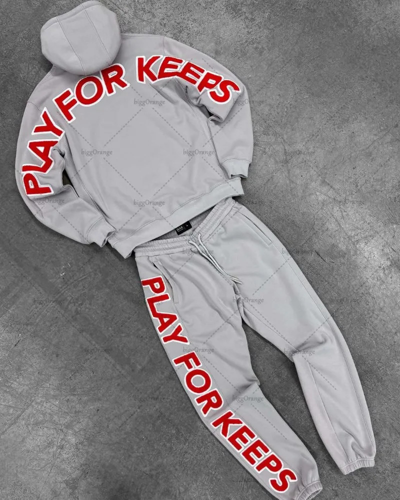 American Retro Individual Men Clothing Sports Suit Grey Loose Oversized Hoodie High Waist Elastic Pants 250616