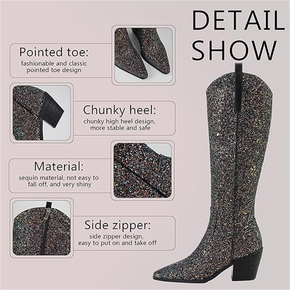 ARQA Cowgirl Boots for Women Side Zipper Tall Wide Calf Western Knee High Cowboy Boots Chunky Heels Glitter Sequin Party Dress Wedding Bridal Country 