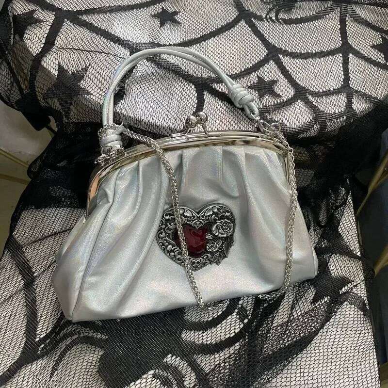 MBTI Vintage Y2k Womens Handbag Sier Gothic Fashion Chains Casual Shoulder Pu Leather Pleated Original Female Shell Bag