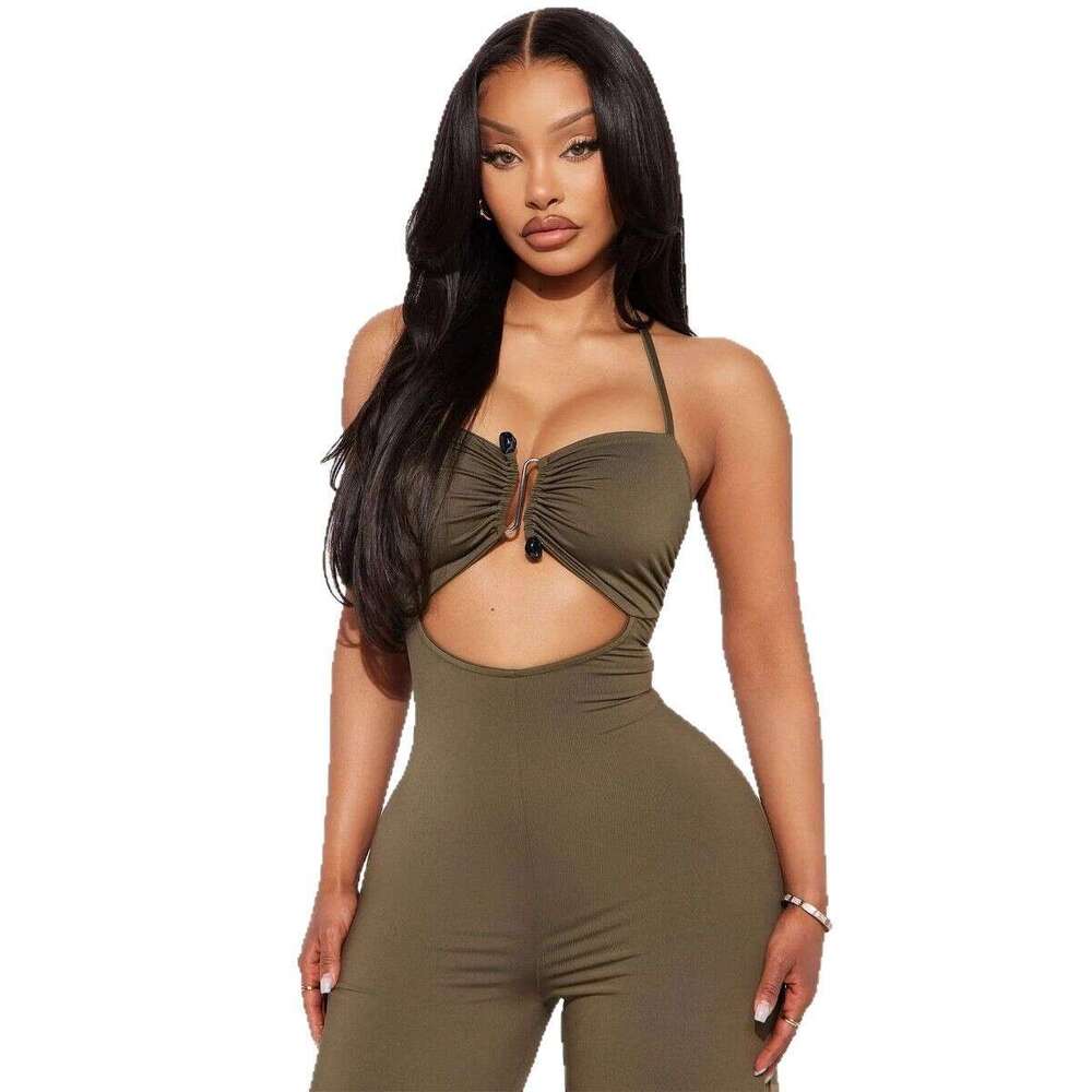 New Fashionable Elegant Solid Color Halter Neck Metal Design Backless Hollow Out Straight Leg Jumpsuit B5