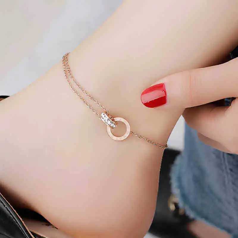 Retro Full Zircon Roman Numeral Double Rings Cross Leg Chain for Women New Luxury Stainless Steel Anklet Summer Beach Jewelry U250624