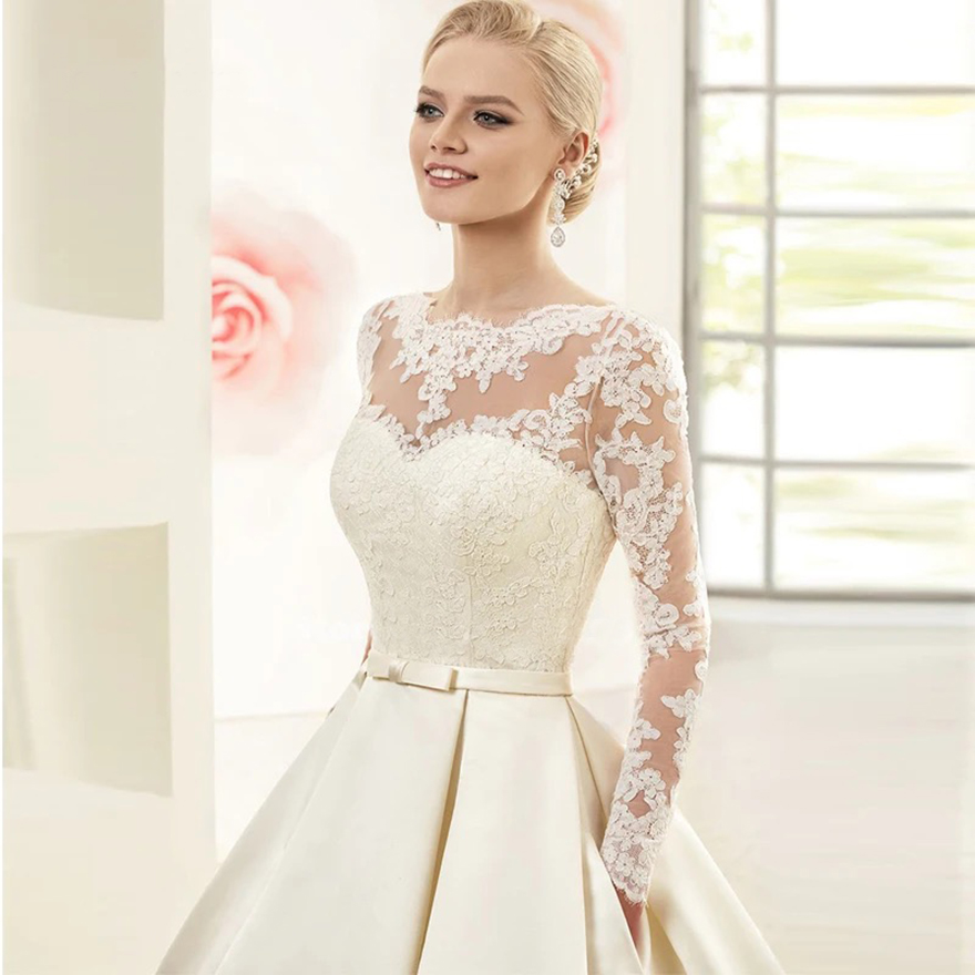 Vestidos De Novia Simple Ivory Satin Wedding Dresses A-Line Long Sleeve Appliques Lace-up Sweep Train Bridal Gown with Pockets