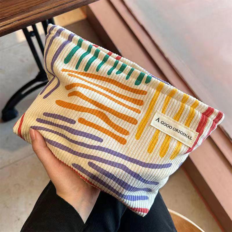 Cosmetic Bags Colorful Stripes Corduroy Bag Portable Travel Toiletry Skincare Sundries Aesthetic Makeup Storage A-DH