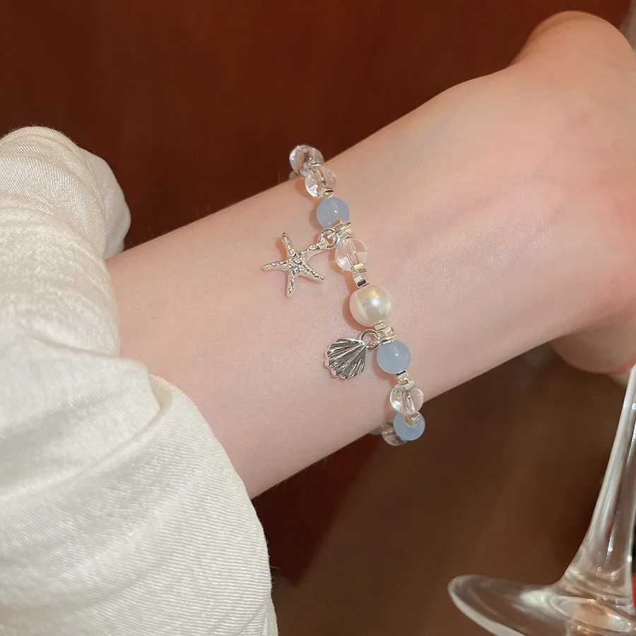 Blue Crystal Beaded Bracelets for Women Black Gallstone Fresh Sweet Starfish Shell Pendant Bracelet Elegant Hand Jewelry B X250625