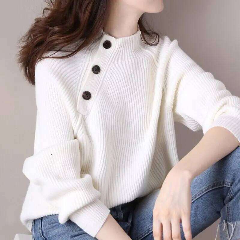 Brown Ladies Pullovers Buttons Loose Turtleneck Women's Knit Sweater Light Elegant Wear To Work Winter 2024 Japanese Style Trend