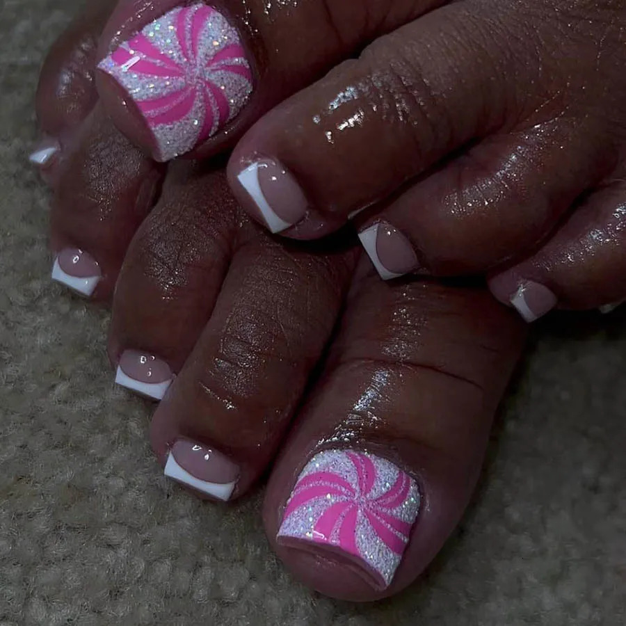 24pcs Shiny Pink False Toe Nails with Love Heart Summer Press on Toenails Fashion Sweet Girls Manicure Fake Toenail Patch 250625