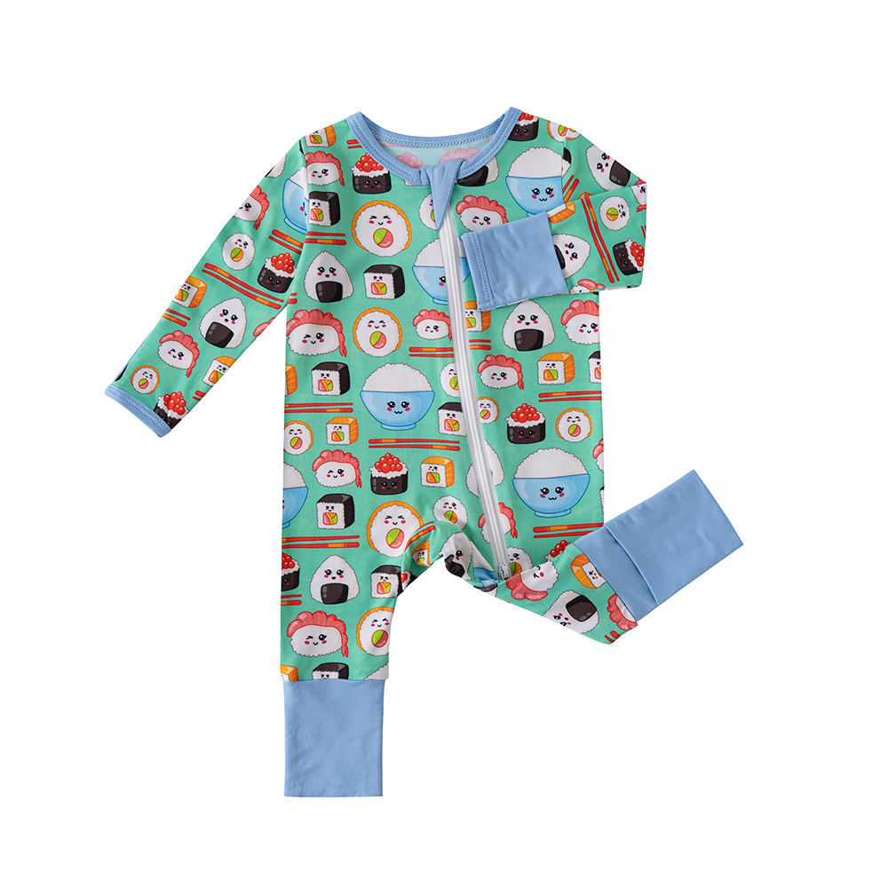 Unisex Custom Printed Two-Way Zipper Infants Pajamas Long Sleeve Bamboo Baby Rompers Bamboo Soft Fabric