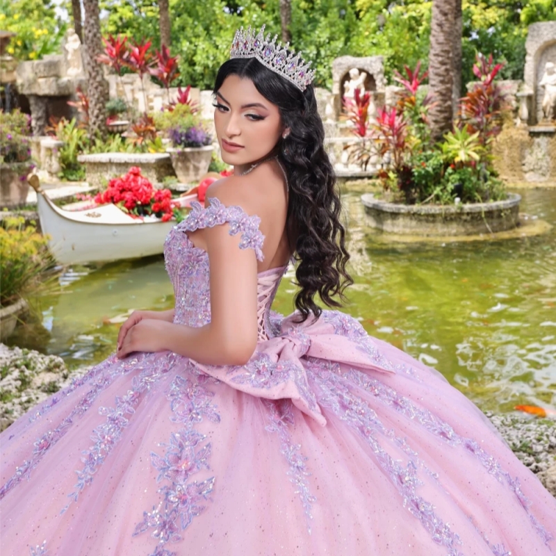 Pink Glitter Quinceanera Dresses Ball Gown Lace Applique Beading Bow Tull Corset Sweet 16 Dress Vestido De 15 Anos