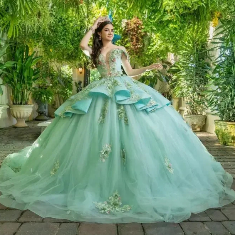 Mint Green Shiny Off The Shoulder Quinceanera Dresses Appliques Lace Beads Tull Birthday Party Princess Ball Gown Sweet 16 Dress Vestido De 15 Anos