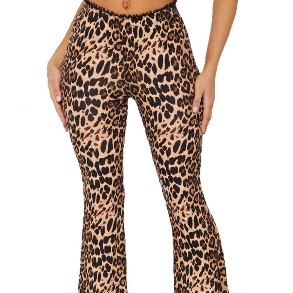 New Women's Casual Leopard Print Lace Trim Patchwork Mid-Waist Slim Fit Hip-Lifting Pants B5