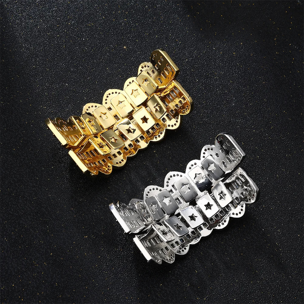 D Z Baguette Set Teeth Top Bottom Gold Plated Hip Hop Fashion Rapper Jewelry Punk Party Gift for Men Women Gifts 250606