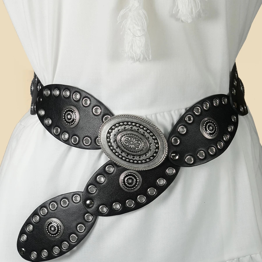 Black Vintage Western Womens Belt - Oversized Metal Conchos with Cut-Out Wide Cowboy Style Fashion Accessory 250618