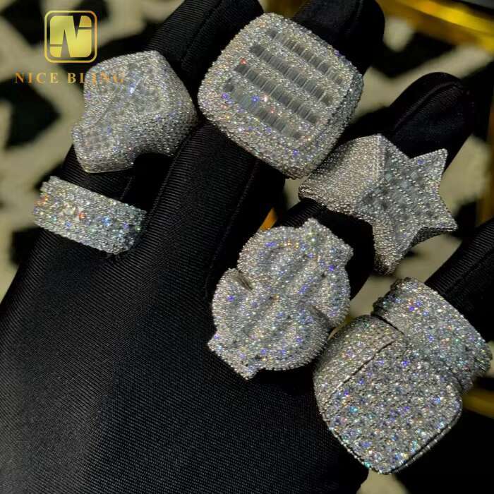 Popular Custom Star Shape Hip Hop Style Jewelry Men Ring Iced Out VVS Moissanite Diamond 925 Sterling Silver Men Women Rings