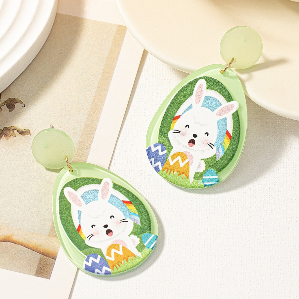 New Easter Acrylic Sheet Printed Colorful Bunny Egg Earrings