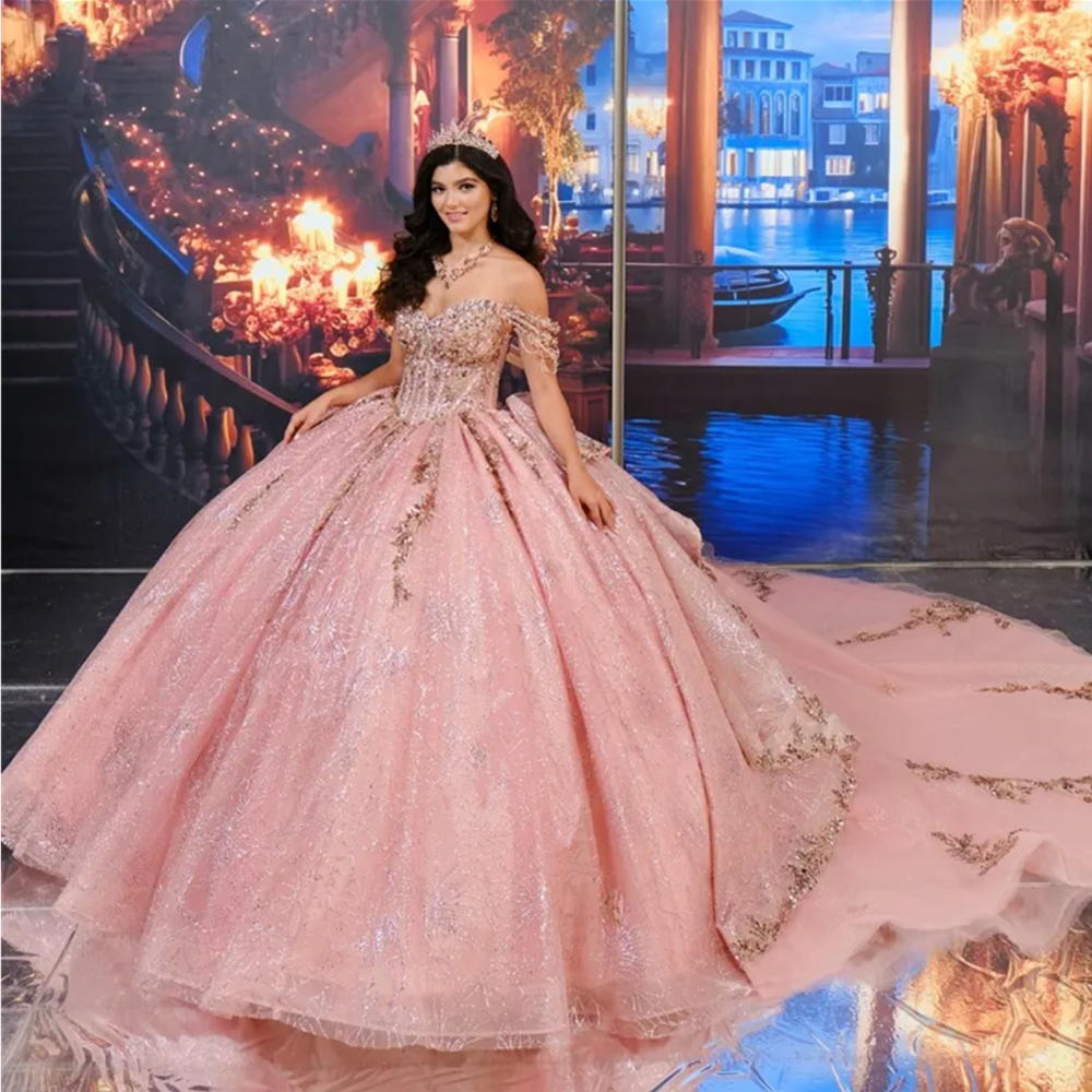 Pink Shiny Quinceanera Dresses Sequin Appliques Lace Glitter Ball Gowns Tull Off-shoulder Vestidos De 15 Anos Birthday Party Sweet 16 Dress