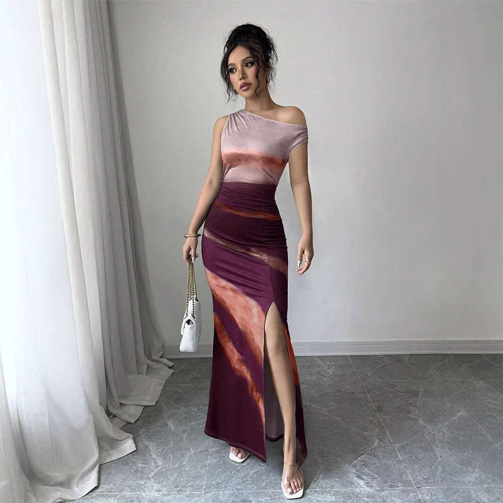 Summer New Hot Color-Block Elegant Slim Fit Asymmetric Sleeveless Split Dress B5