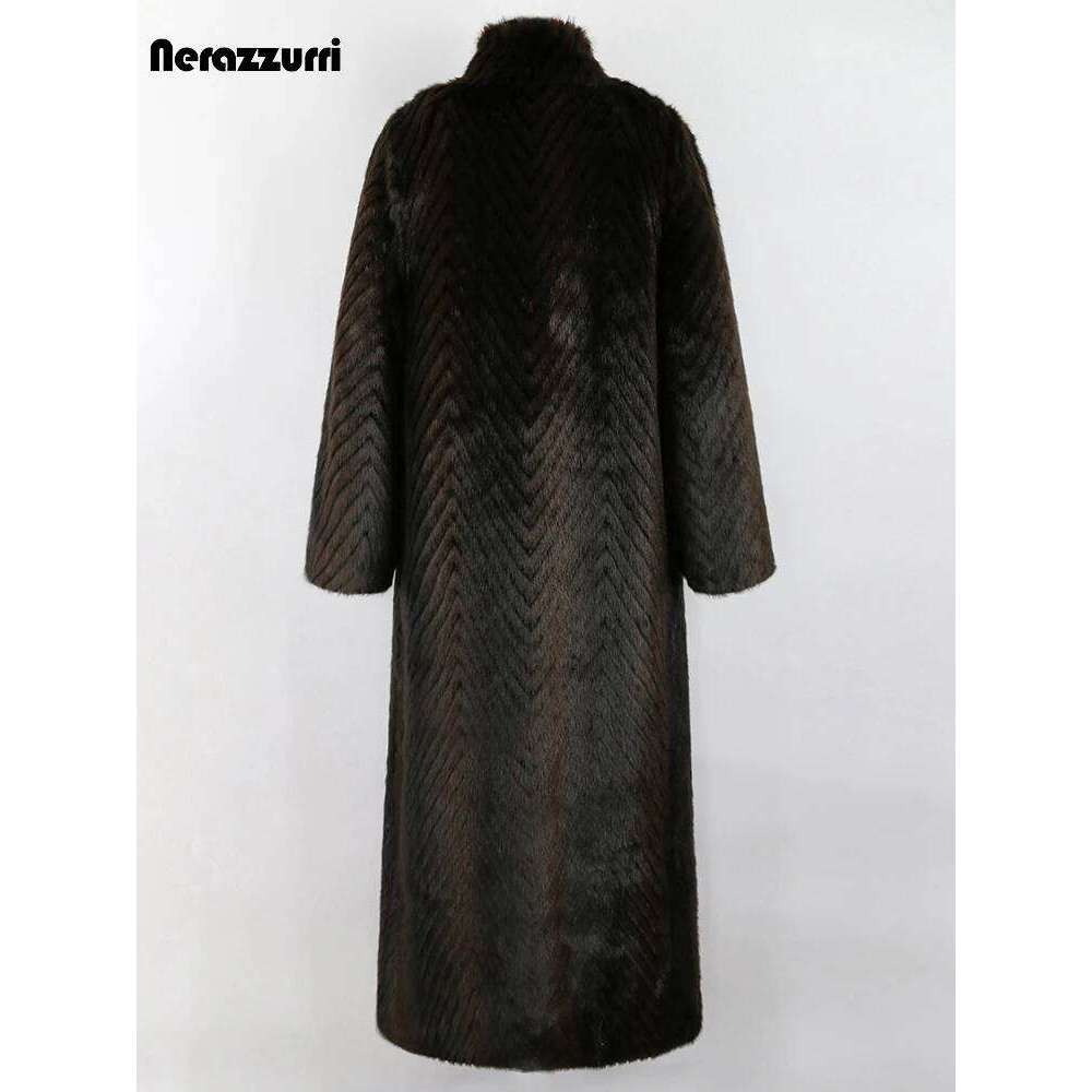Nerazzurri Winter Extra Long Thick Warm Elegant Striped Fluffy Faux Mink Fur Coat Women Stand Collar Maxi Overcoat 2022