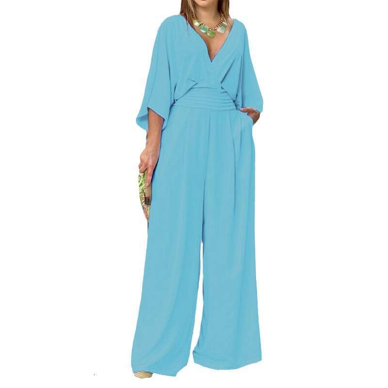 Plus Size Women's Ins Style Wide Leg Solid Color V-Neck Simple Fashion Jumpsuit B5