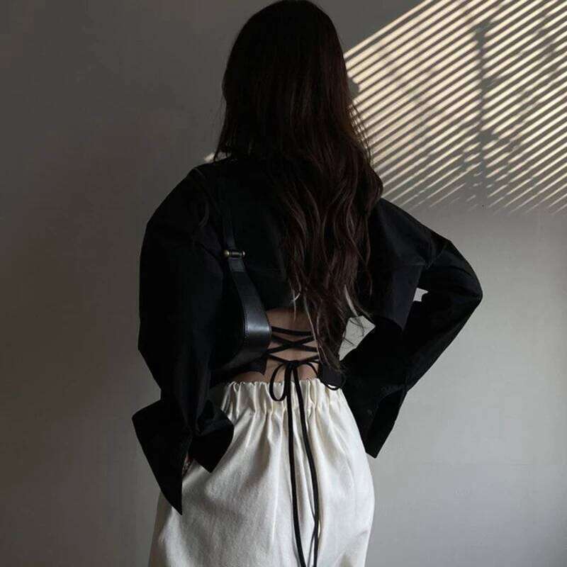 Gidyq Korean Bandage Shirt Women Fashion Backless Sexy Blouse Office Ladies Casual Slim Chic Turn Down Collar Long Sleeve Tops