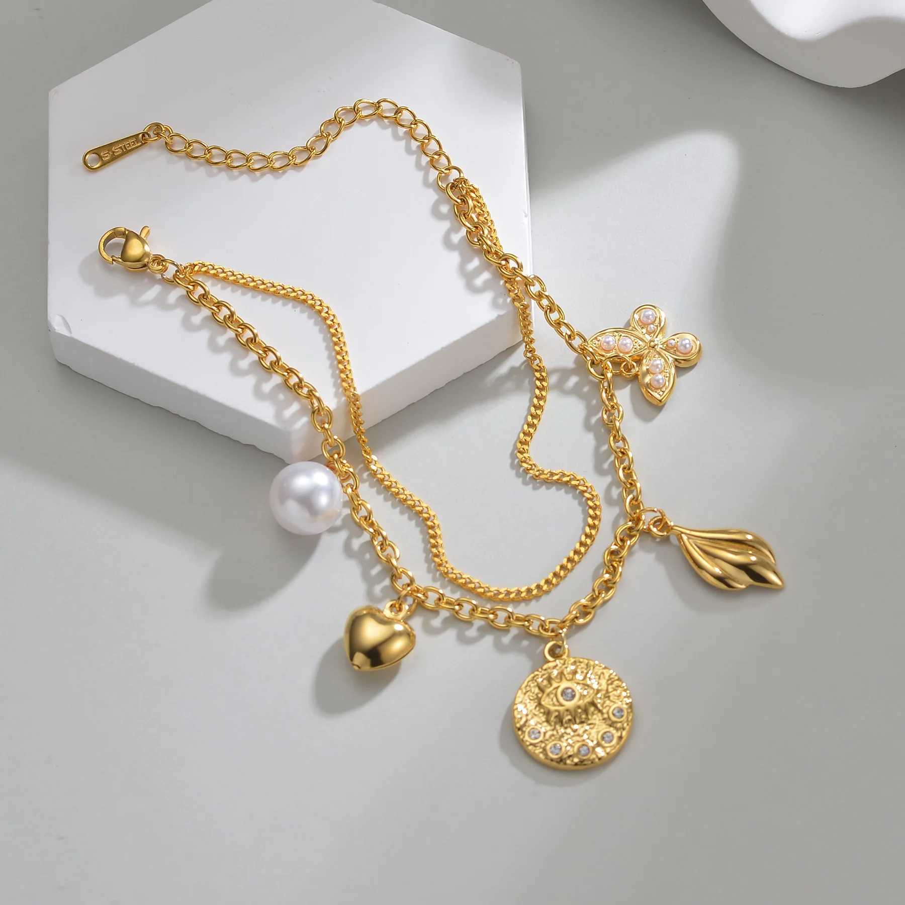 teeme New Double Layers shaped Pendant Bracelet for Women Gold-plated Stainless Steel Simple Birthday Gift X250625